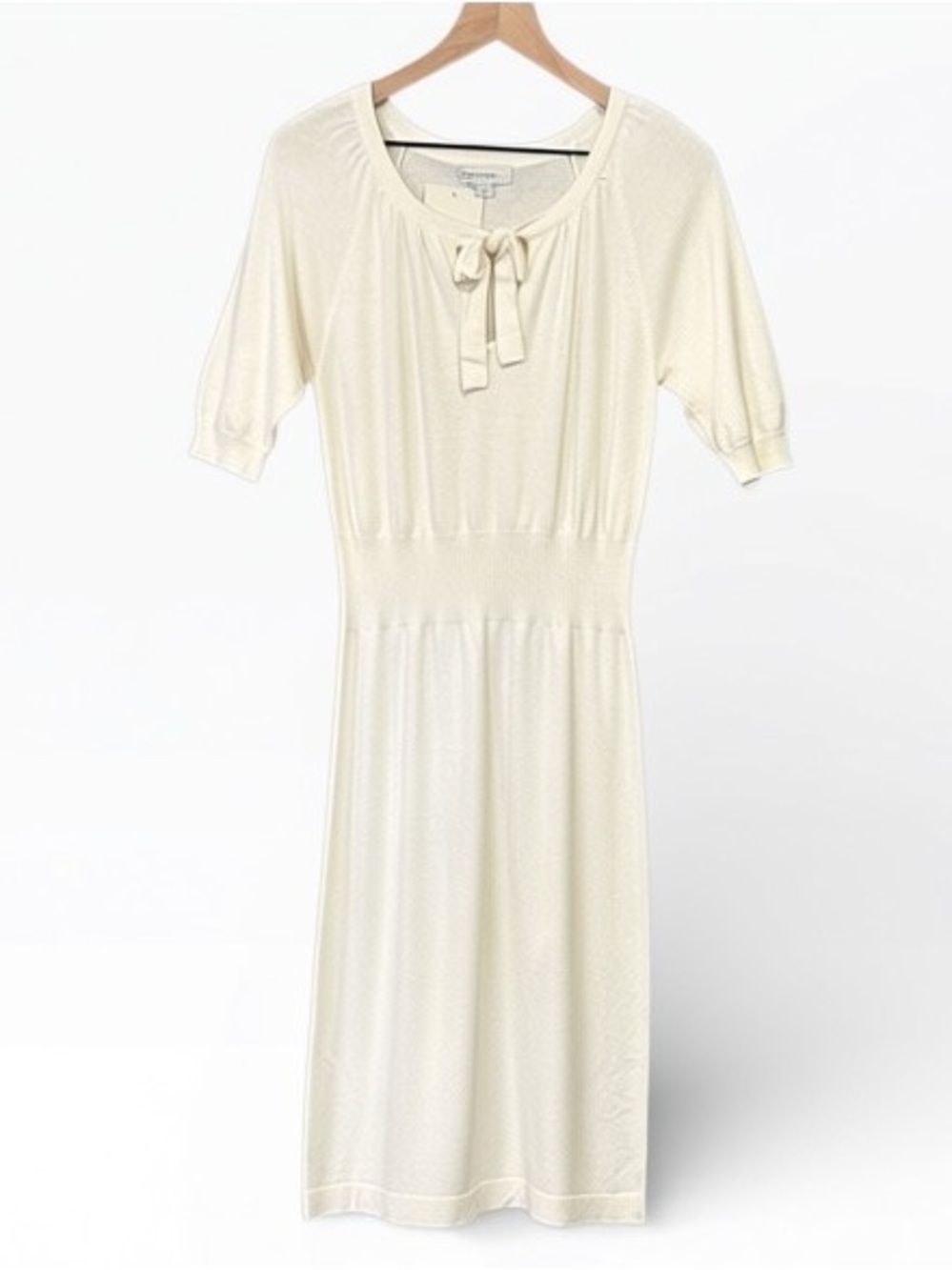 Merona Ivory Knit Short Sleeve Midi Dress Ribbed Waist Bow Detail Size Large NWT